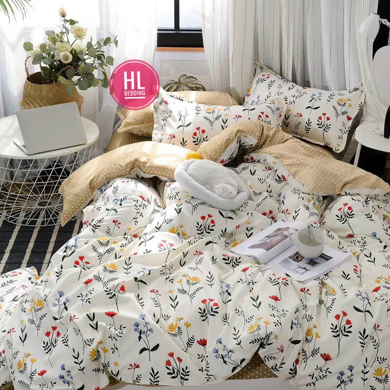 Bộ chăn ga gối Cotton Poly HL bedding chăn ga Hàn Quốc vườn nhỏ đủ size miễn phí bo chun