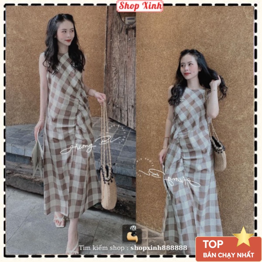 Đầm Kẻ Caro Nâu Chạy Chun Rúm Xẻ Kèm Tag CN Rời, Váy Caro Nâu Rúm Vạt Xẻ Đính Tag CN