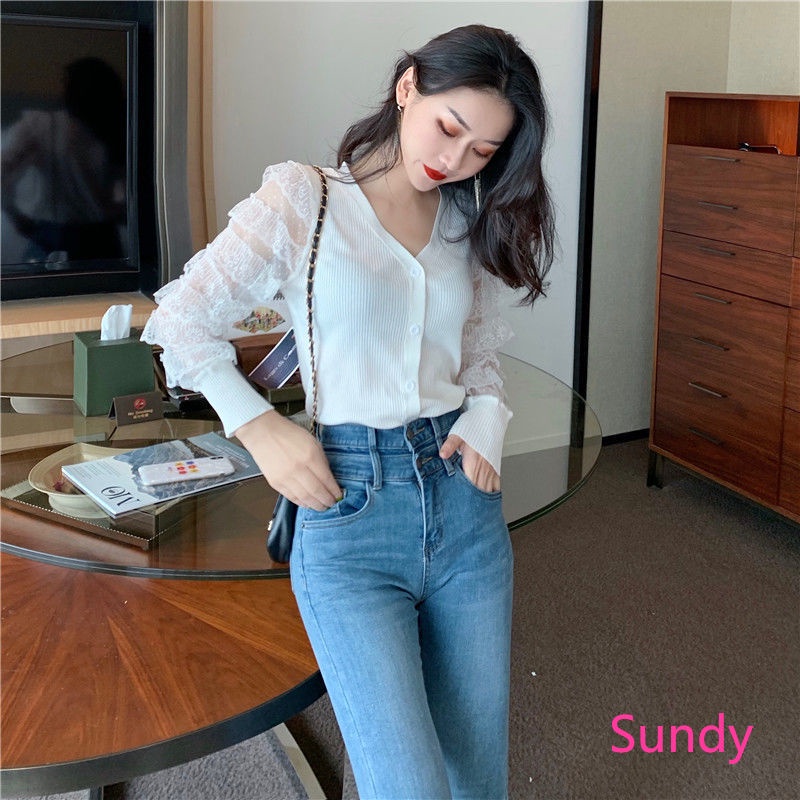 Áo Cardigan Dệt Kim Cổ Chữ V Phối Ren Thời Trang Mùa Thu Cho Nữ