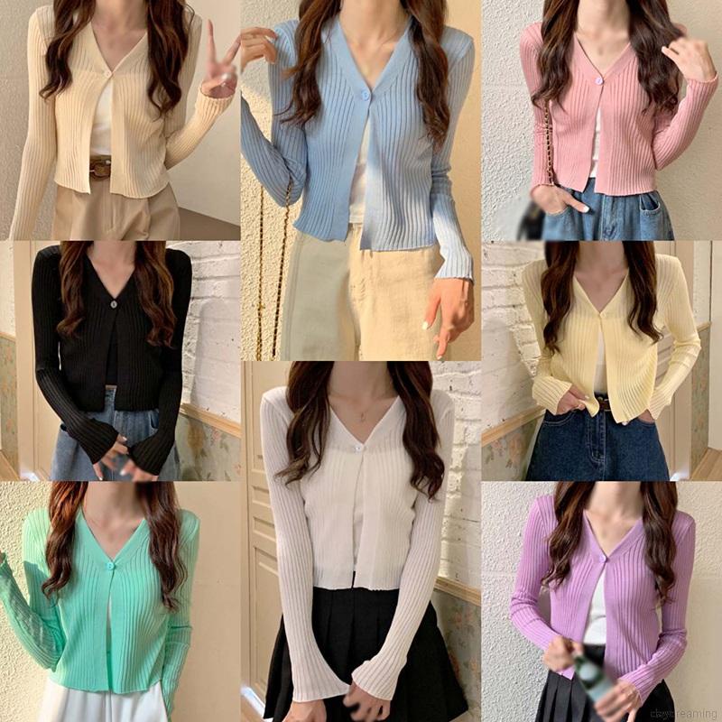 Áo cardigan dệt kim dài tay cổ chữ V màu sắc thanh lịch | BigBuy360 - bigbuy360.vn