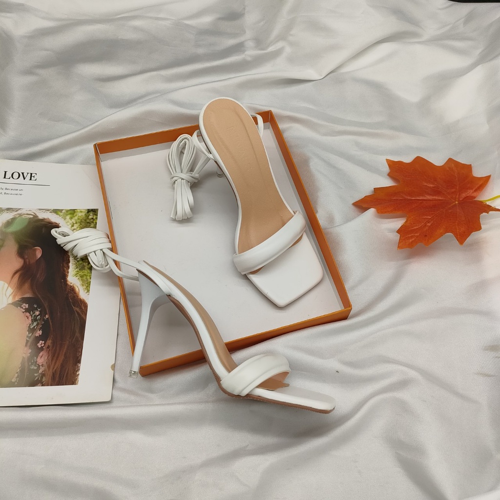 Giày Chiến Binh Quai Ngang Dây Quấn Cổ Chân, Sandal Dây Cột Gót Nhọn Cao 9cm Da Bóng Dép Xăng Đan Cao Gót Buộc Dây Mảnh