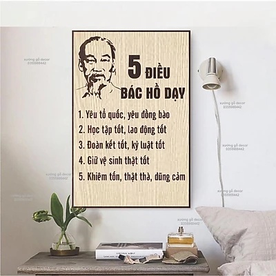 Tranh Bác Hồ trang trí cơ quan, trường học - Tranh Treo Tường Bằng Gỗ 5 Điều Bác Hồ Dạy.