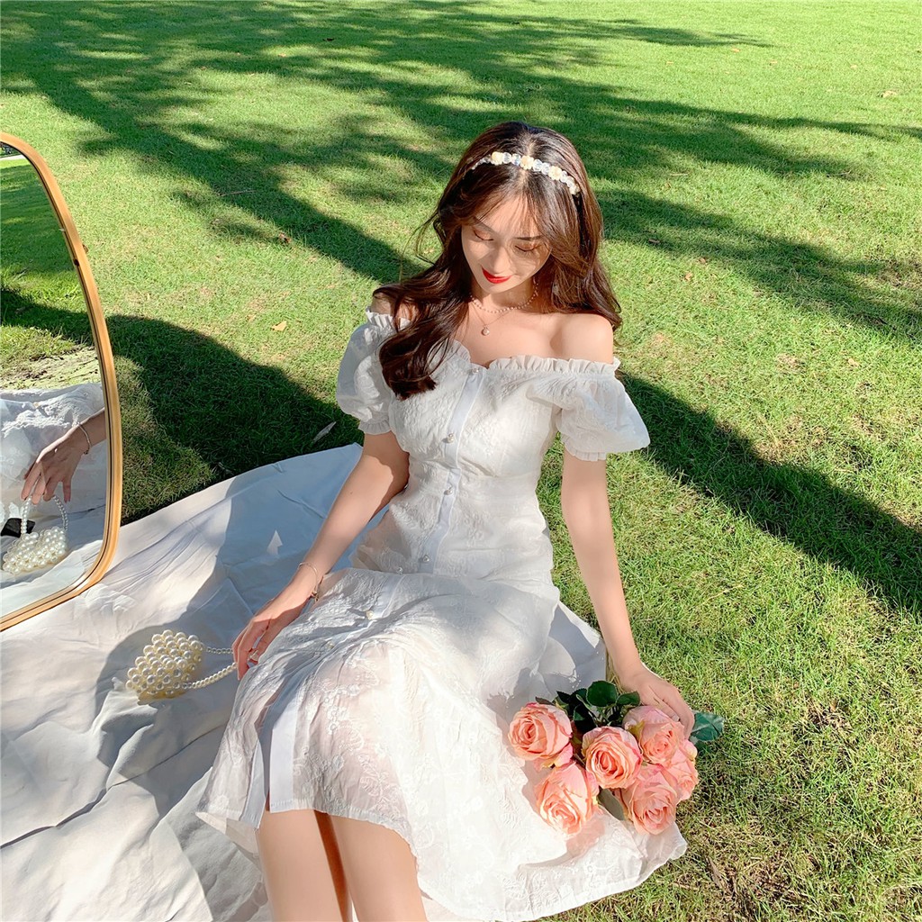 JANE'S  sẵn Đầm trễ vai trắng công chúa hoa nhí nổi Vintage trong sáng thuần khiết chất đẹp y hình J0088 feelback cuối | BigBuy360 - bigbuy360.vn