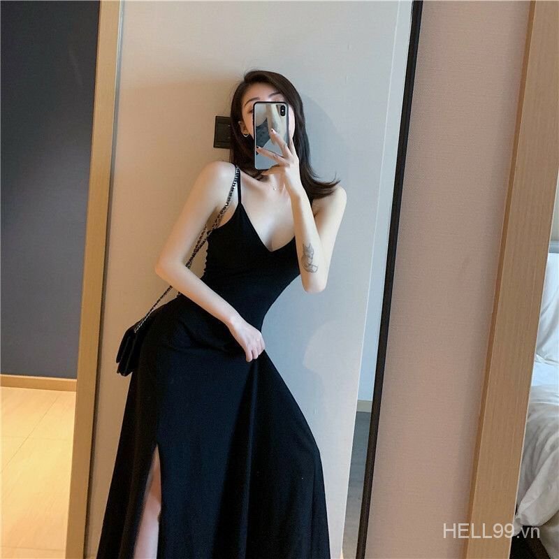 Summer Fashion ElegantVCollar Sexy Slit Slip Dress Korean Style Slim Fit Slimming plus Size Hip-Wrapped Skirtins-