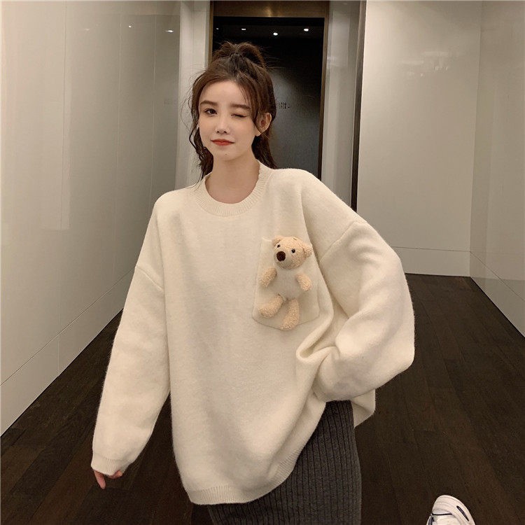 Áo Sweater dệt kim tay dài in hình gấu đáng yêu cho nữ | BigBuy360 - bigbuy360.vn