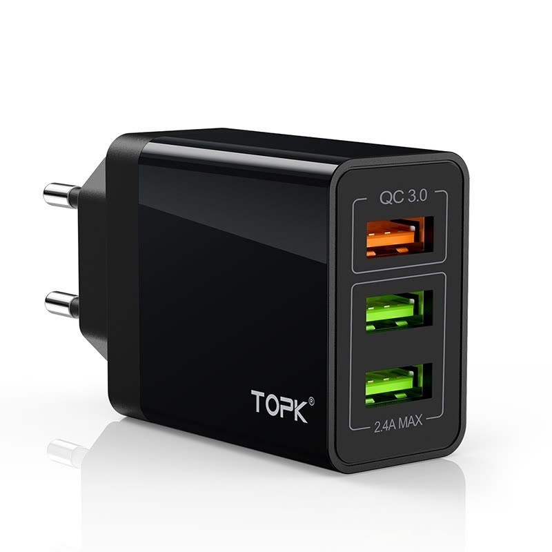[CÓ SẴN-GIAO NGAY] Củ Sạc Nhanh TOPK QC 3.0 (Quick Charge 3.0) - 3 Cổng USB - Tiêu Chuẩn Châu Âu
