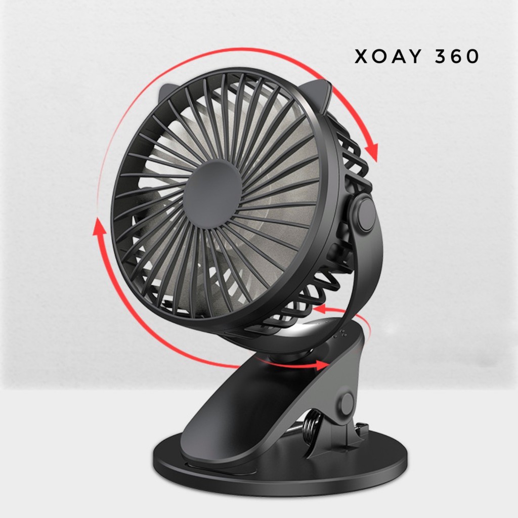 Quạt Mini Kẹp Để Bàn Tai Mèo Siêu Dễ Thương Xoay 360 Độ Sạc Pin Chống Ồn Dành Cho Văn Phòng, Phòng Ngủ