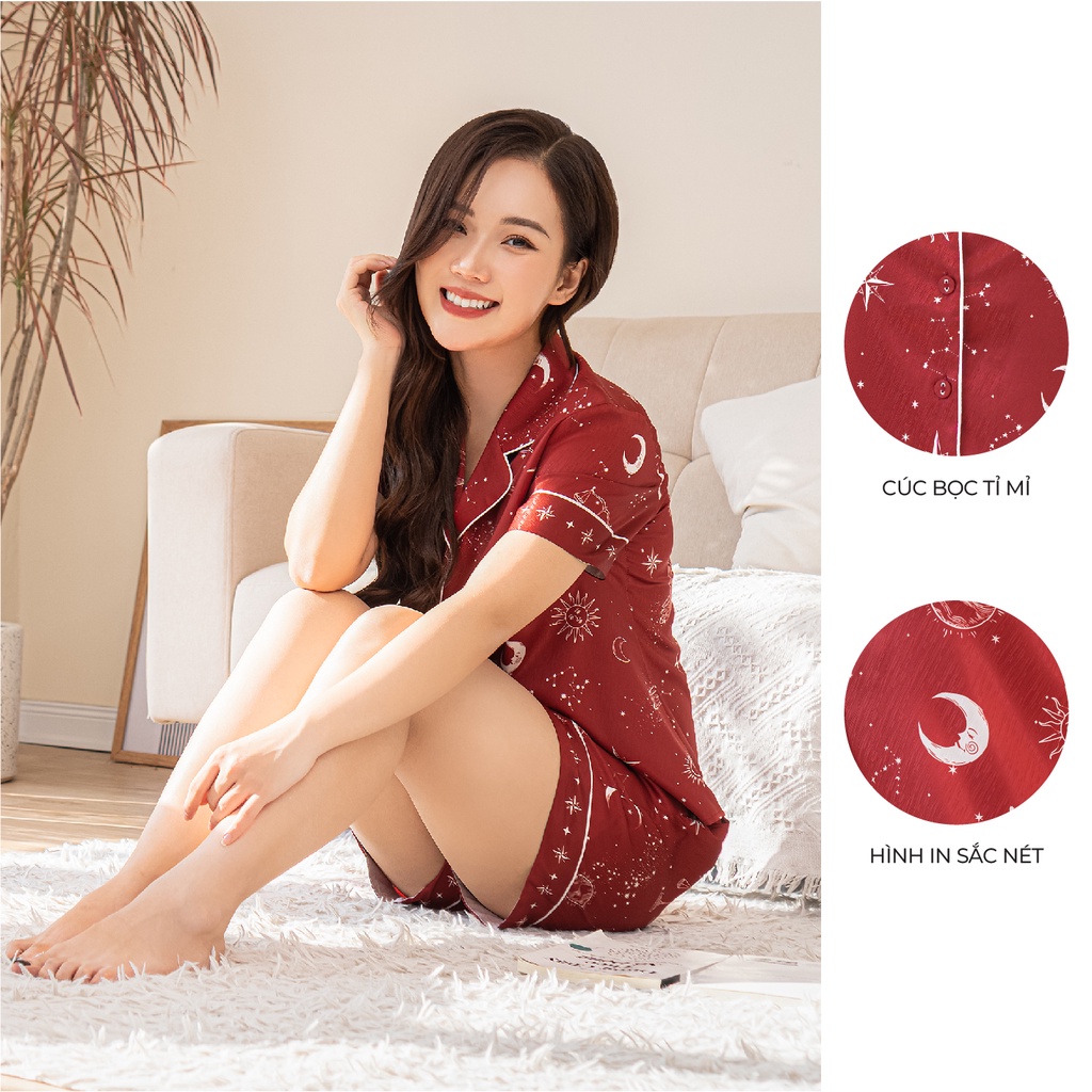 Bộ ngủ satin ZAM Luxury - CDA88 - áo ngắn tay quần đùi họa tiết