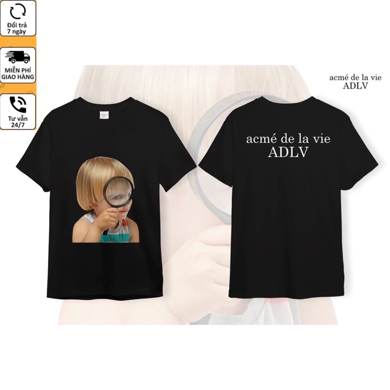 Áo thun ADLV nam nữ in hình bé cầm kính núp chất liệu cotton cao cấp