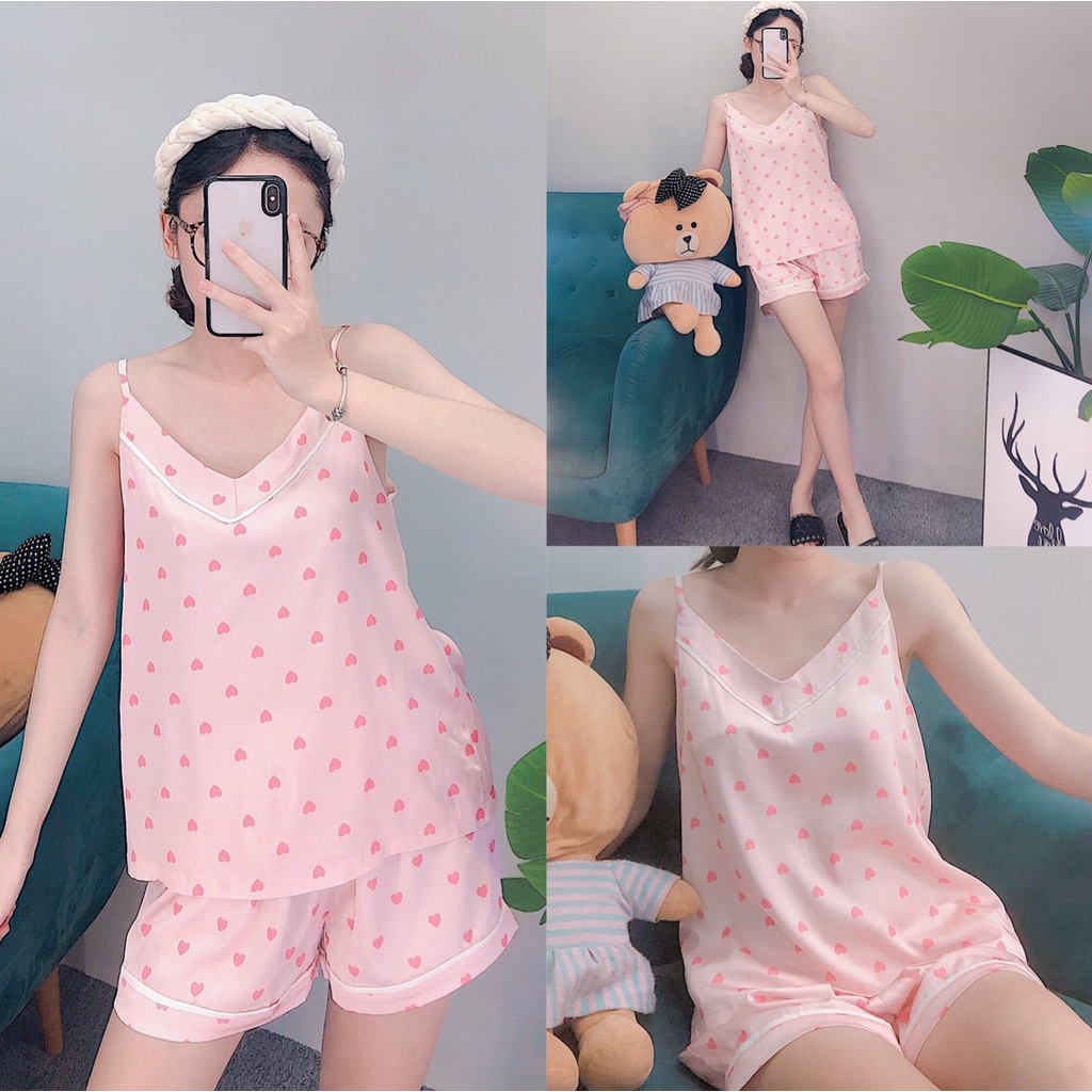 Đồ mặc nhà nữ, bộ pyjama nữ mặc nhà vải Satin họa tiết đẹp dễ thương