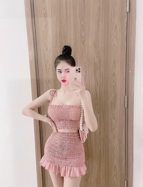 [KÈM VIDEO] SET BỘ VOAN NHÚN THUN ÁO 2 DÂY CỘT NƠ CHÂN VÁY BODY HỒNG NGỌT NGÀO
