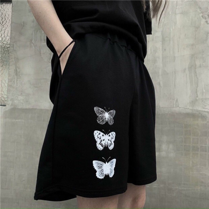 Quần short đen in hình bướm unisex nam nữ - Quần short thun ống rộng thể thao