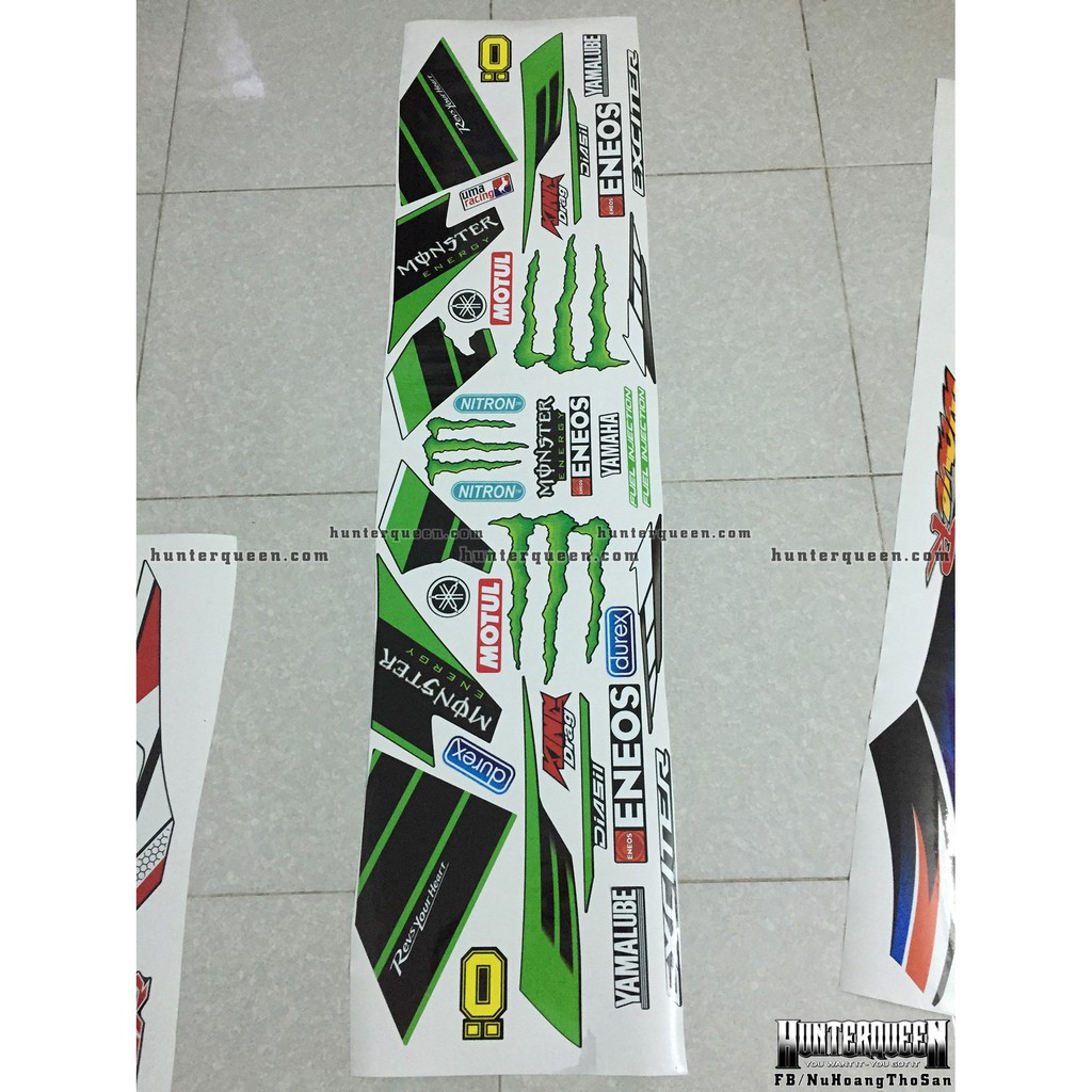 Tem xe Exciter 150 Monster, dán xe đen, tem xanh lá