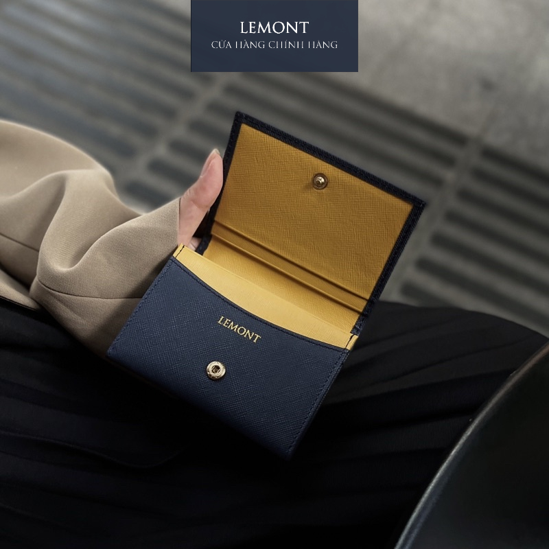 Ví da bò thật Tiny màu Xanh Navy phối Vàng nhỏ gọn - Thiết kế chính hãng từ Lemont.