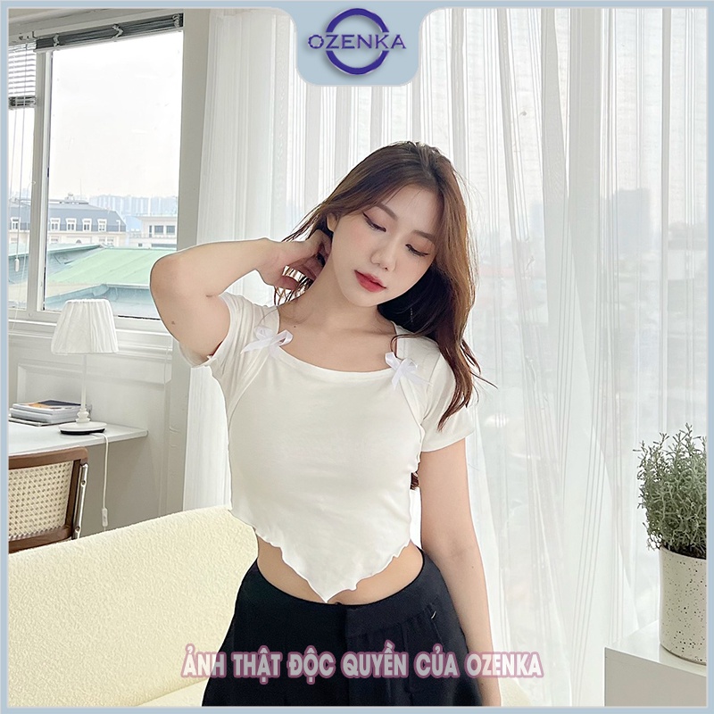 Áo croptop ôm kiểu cổ vuông tay ngắn nữ OZENKA , áo crt sexy vạt nhọn thun gân 100% cotton tự nhiên mềm mịn đen trắng