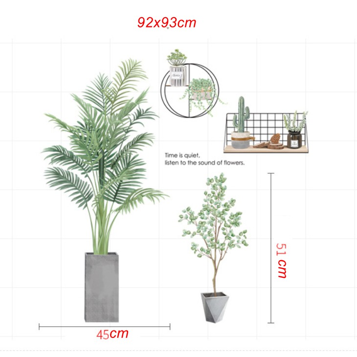 Decal dán tường trang trí - CHẬU CÂY XANH KÈM KỆ XƯƠNG RỒNG TINH TẾ - cao cấp