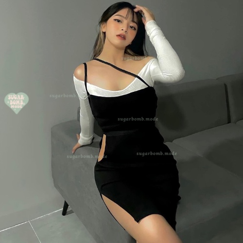 Đầm Body Sexy Tay Dài sugarbomb.mode Váy Ôm Eo Ôm Ngực Màu Đen Ngắn Dự Tiệc Chất Thun Co Giãn Tặng Kèm Áo Trắng-106