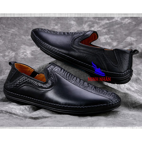 Giày lười nam da bò cao cấp mọi slipon in vân cá sấu đế bệt xỏ siêu mềm đẹp hàng hiệu giá rẻ mẫu mới nhất S-5 màu đen