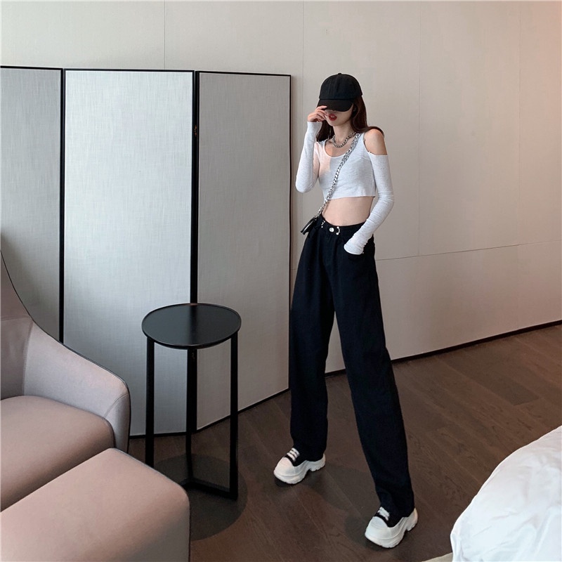 Quần Jeans Nữ Baggy Ống Rộng,Quần Baggy Jeans Nữ ống suông lưng cao phối móc xích (Chất Bao Đẹp)
