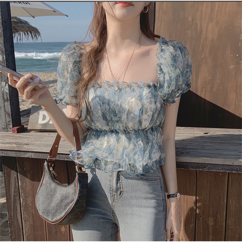 SUXI Áo Sơ Mi Tay Ngắn Cổ Vuông Dáng Ôm In Họa Tiết Đơn Giản Kiểu Hàn Quốc Thời Trang Mùa Hè Cho Nữ