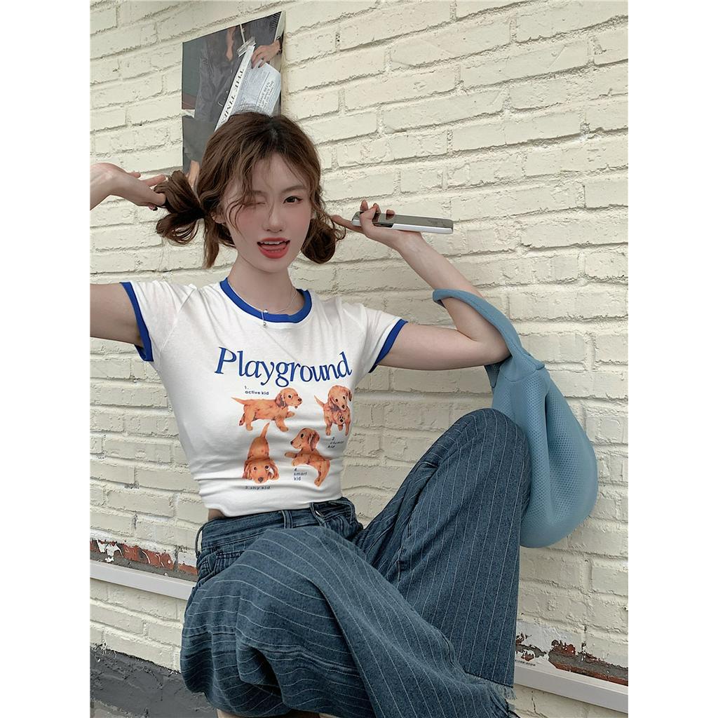 Áo Thun Nữ Tay Ngắn Dáng Ôm In Hình Cún Dễ Thương 51086
