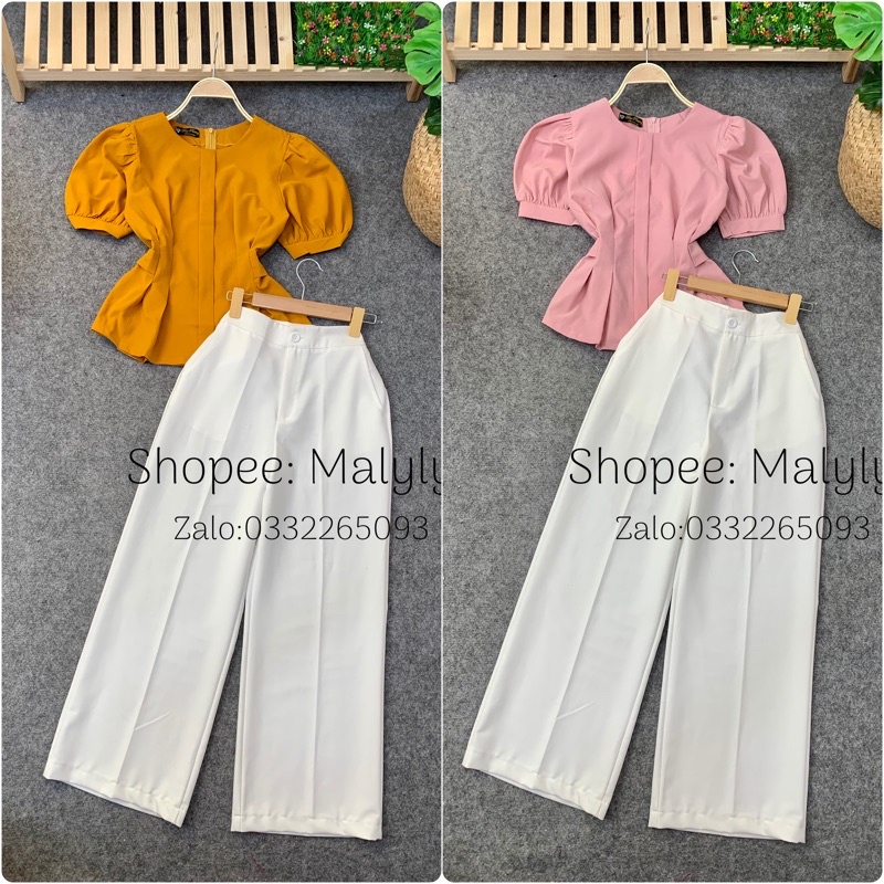 ÁO PEPLUM CỔ TRÒN TAY PHỒNG + QUẦN SUÔNG