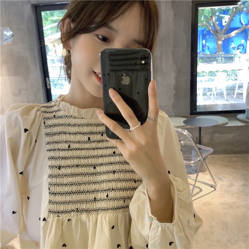 Áo babydoll dáng xòe tay phồng dài họa tiết trái tim màu kem có size dài tay hot girl hàng QC