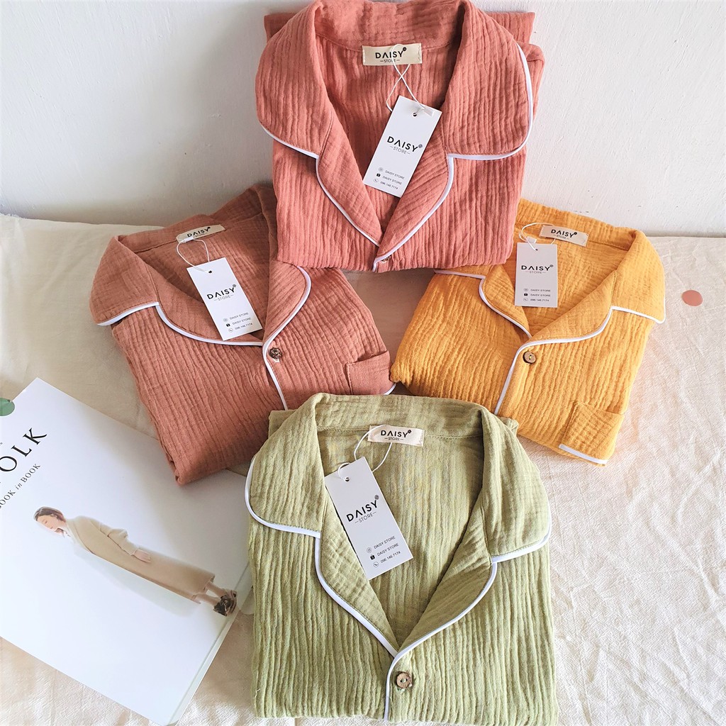 Pyjama mặc nhà đùi xô muslin trơn với bảng màu xinh Hàn