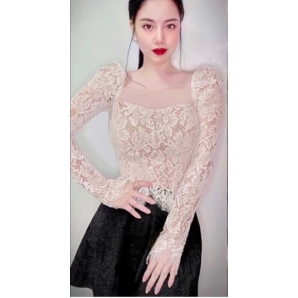 Áo ren cổ vuông tiểu thư phối lưới hàng đẹp kèm ảnh thật