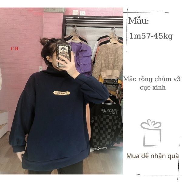Áo Nỉ Cổ Cao Chữ Ngực Nữ MEESTORE - Sweater Cổ 3 Phân Dáng Rộng Tay Bồng Chữ Hàn Quốc Dáng Ullzang