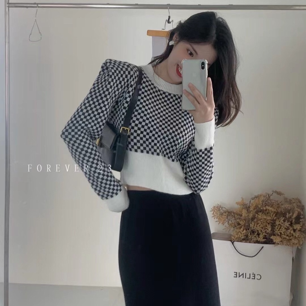 SUXI Áo croptop dệt kim tay dài cổ tròn họa tiết kẻ sọc thời trang Hàn Quốc cho nữ