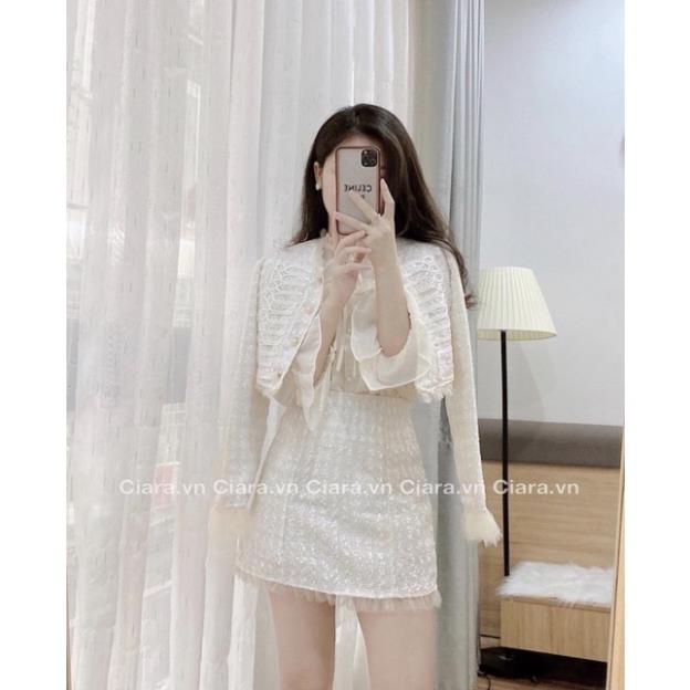 Set dạ dày tiểu thư 3 món áo sơ mi voan kiểu kèm áo khoác dạ phối chân váy sang trọng