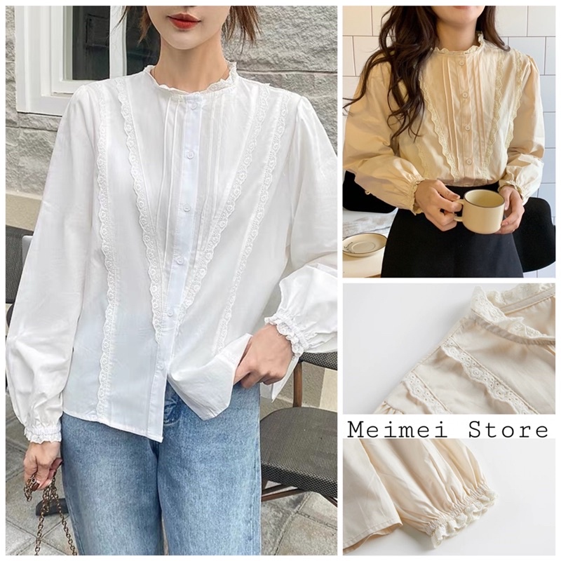 Áo sơ mi cổ trụ phối ren 904
