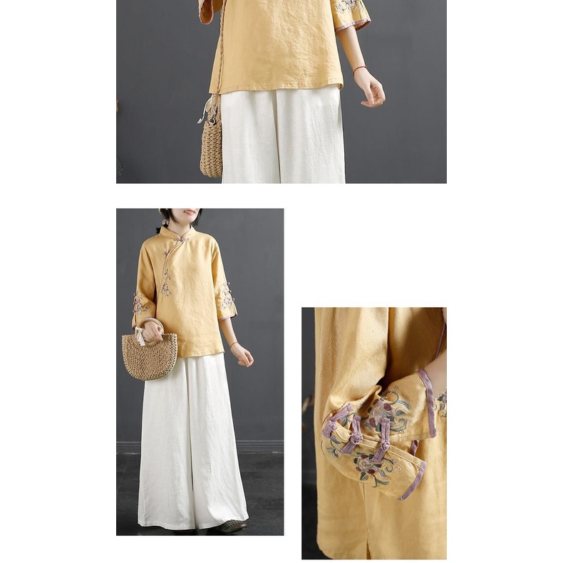 Áo Sơ Mi Vải Lanh cotton Cổ Đứng Cài Nút Thêu Họa Tiết Kiểu Trung Hoa Cổ Điển Thời Trang Xuân Hè 2022 Cho Nữ size m-4xl