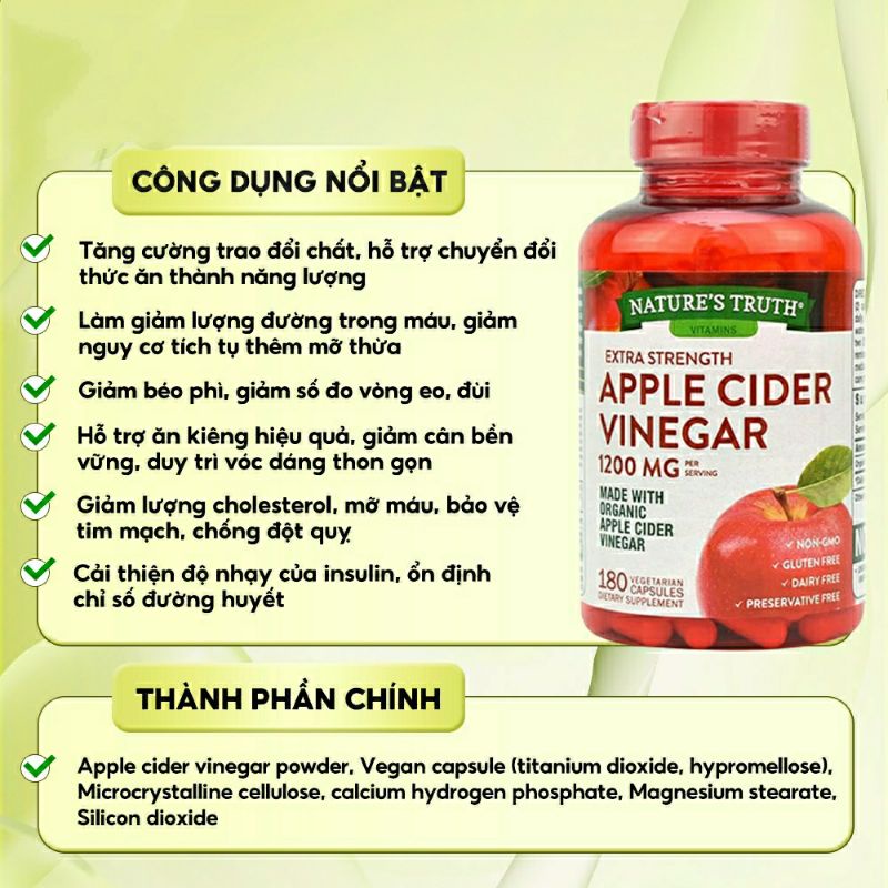 [Date 2025]Viên giấm táo giảm cân, mỡ thừa Apple Cider Vinegar 1200mg 180 viên