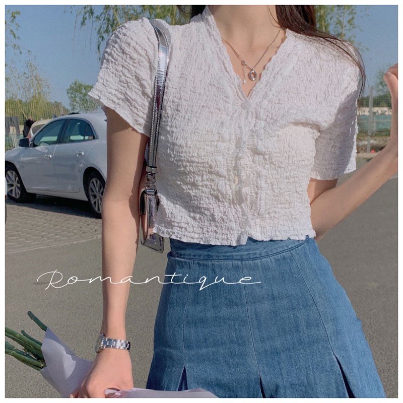 Áo Kiểu Ngắn Cổ Chữ V Thời Trang Mùa Hè Gợi Cảm Dễ Phối Đồ