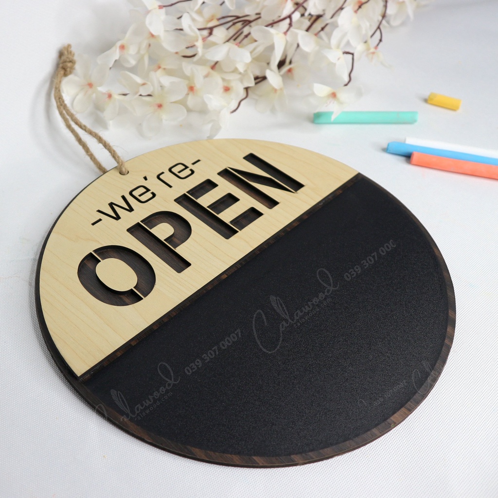 Bảng gỗ 🏠🏡OPEN CLOSE hình tròn🏠🏠Bảng Decal viết phấn 2 mặt có dây treo trang trí quán, cửa hàng...