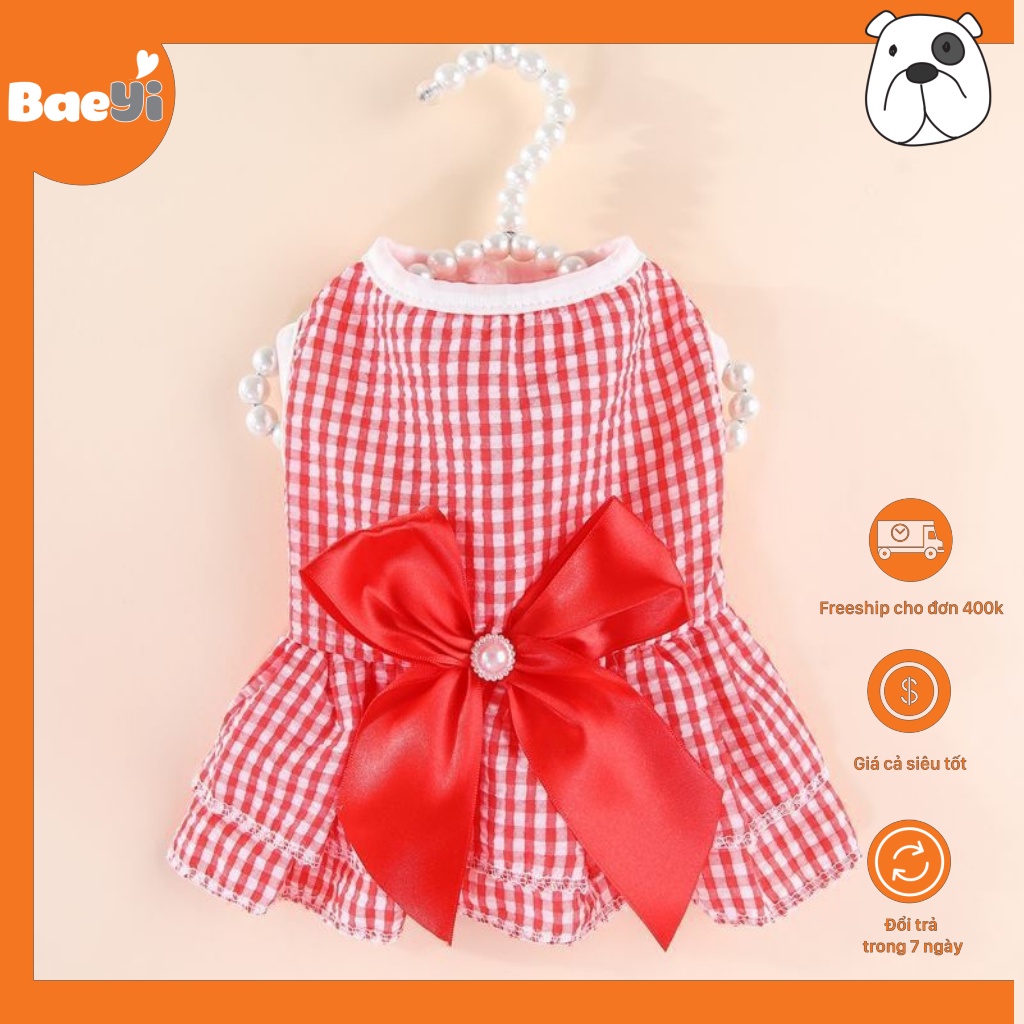 Áo cho chó mèo, đầm sọc đính nơ xinh xắn thương hiệu BaeYi, đồ tết cho thú cưng, quần áo thú cưng