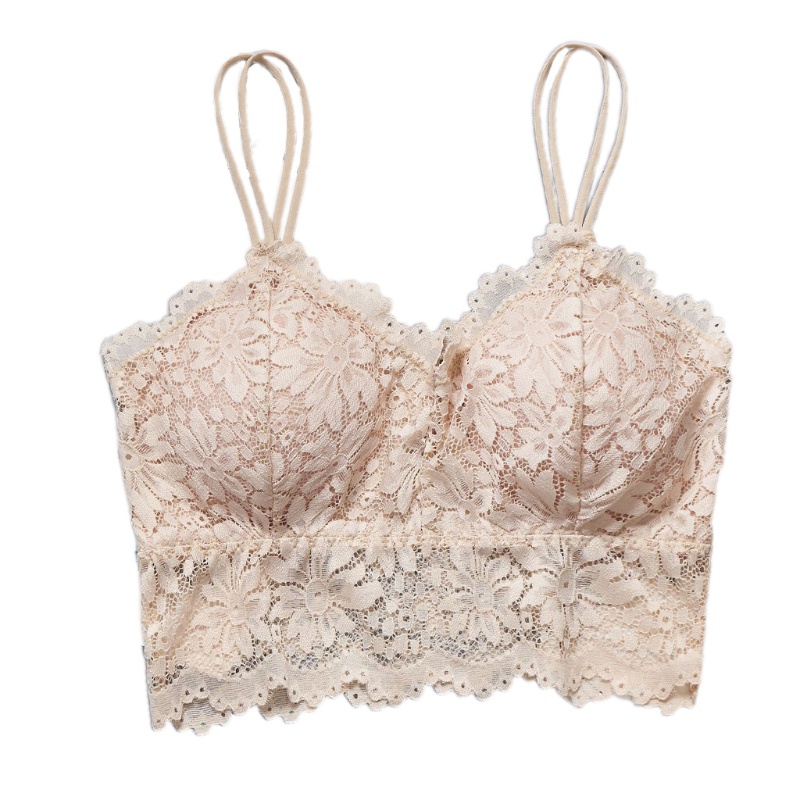 Áo ngực hai dây mảnh không gọng cổ chữ V xẻ sâu có đệm tháo rời phối ren hoa hướng dương màu trơn thời trang cho nữ