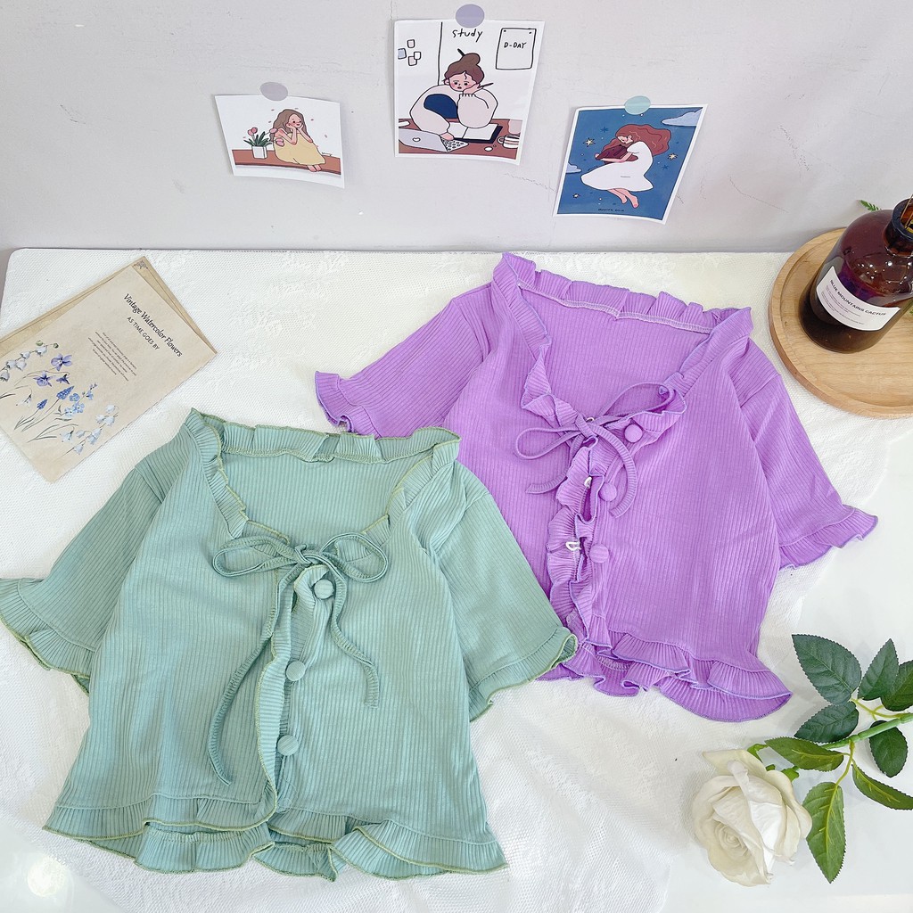 Áo croptop cúc bọc viền bèo cột dây dễ thương A5145