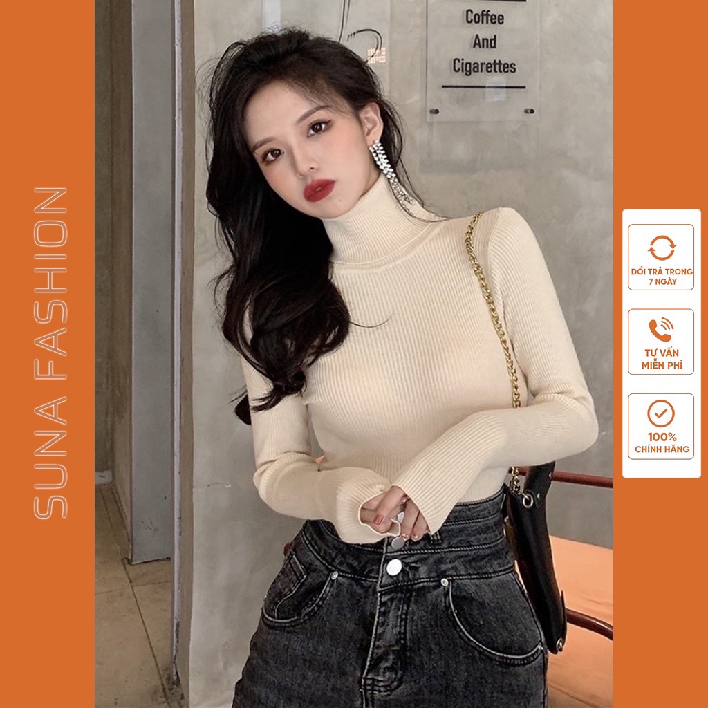 Áo thun nữ tay dài cổ lọ len tăm, Áo phông nữ thu đông dài tay cổ cao 40-60kg SUNA FASHION
