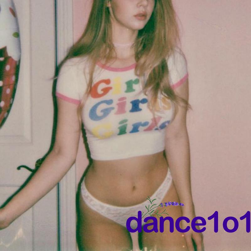 Áo Crop Top Tay Ngắn Cổ Tròn Ghép Vải In Hình Cho Nữ Khiêu Vũ1O1-Y2k