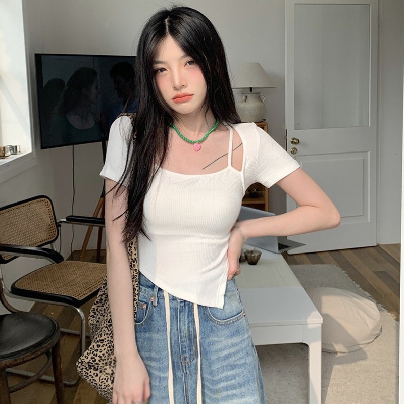 Áo Thun Tay Ngắn Cổ Vuông Thiết Kế Độc Đáo Phong Cách Hàn Quốc Thời Trang Cho Nữ