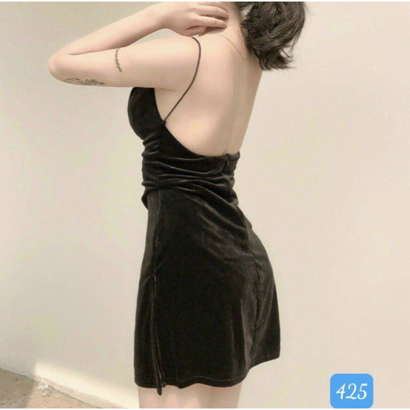 Đầm nhung 2 dây sợi bún cỗ đỗ cos mút có dây kéo hở lưng sexy sang trọng quý phái