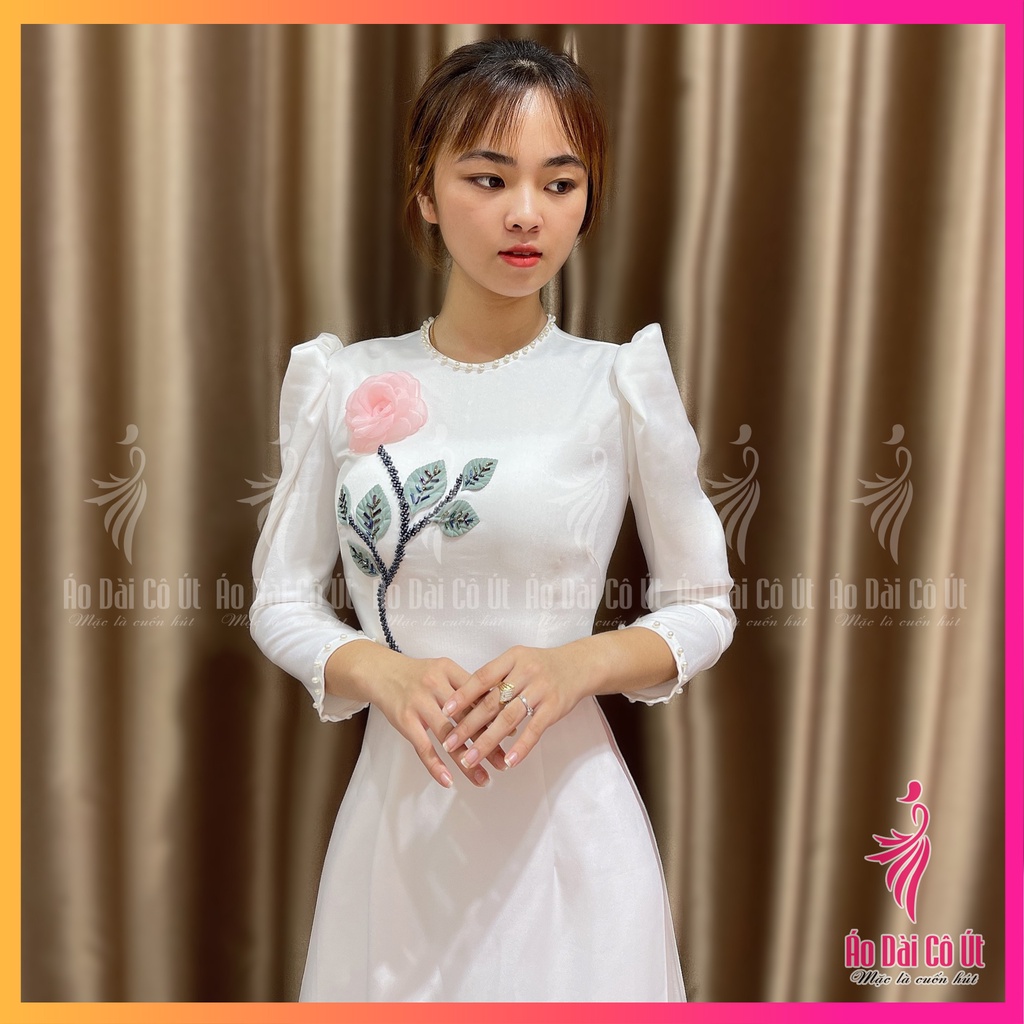 Áo Dài Nữ Lụa Tây Thi Cổ Tròn Tay Phồng Đính Hoa Hàng May Sẵn