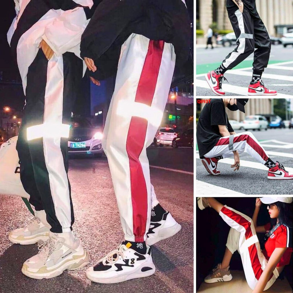 [HOTTREND] Quần Jogger Nam Nữ Phản Quang Phát Sáng Vải Dù Dáng Dài Phối Sọc Thể Thao, 4 Màu Đen Trắng Vàng Hồng