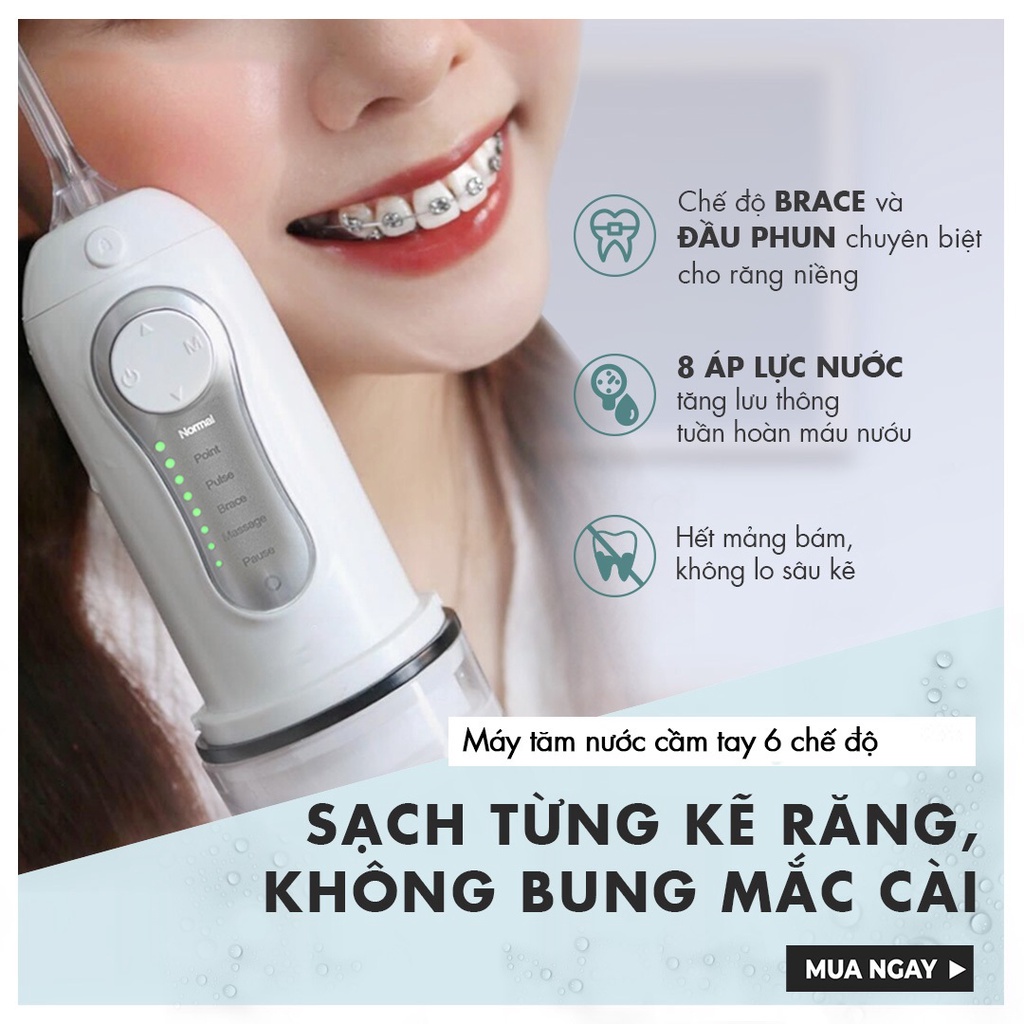 Tăm nước Portable Oral Irrigator chân ái của niềng răng, không gây tổn thương nướu ( nguyên bản máy halio )