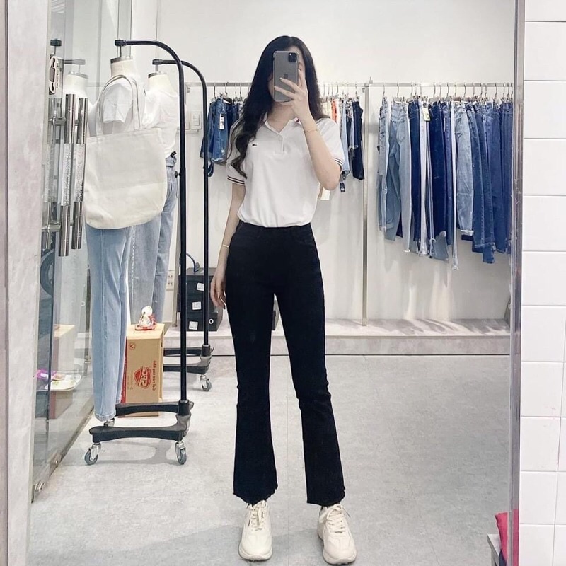 Quần bò jeans nữ ống loe rộng xuông đứng, jeans cạp cao xẻ gấu co dãn