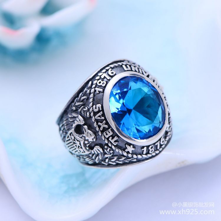 Nhẫn Nam Mạ Bạc S925 Hình Đôi Cánh Đại Bàng Đính Đá Pha Lê Xanh Lam Nhỏ Màu Đen 796d