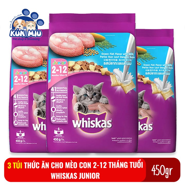 COMBO 3 túi Thức ăn cho mèo con từ 2-12 tháng tuổi Whiskas Junior 450g